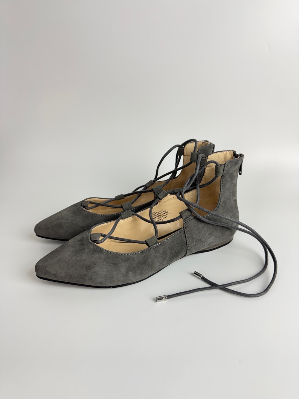 Nine West Women Gray Suede Lace-Up Pointed Flats